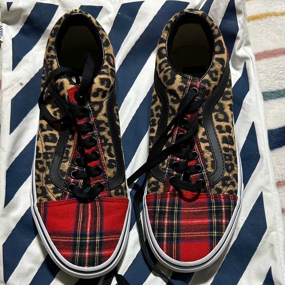 Customized Vans Leopard & Red Plaid  Sneakers
